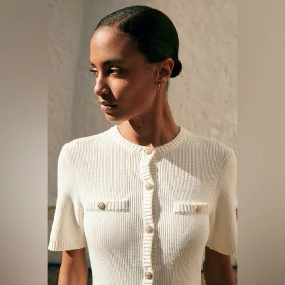 H&M Rib Knit Cream Dress Gold Button Old Money Style - XS - Picture 4 of 8